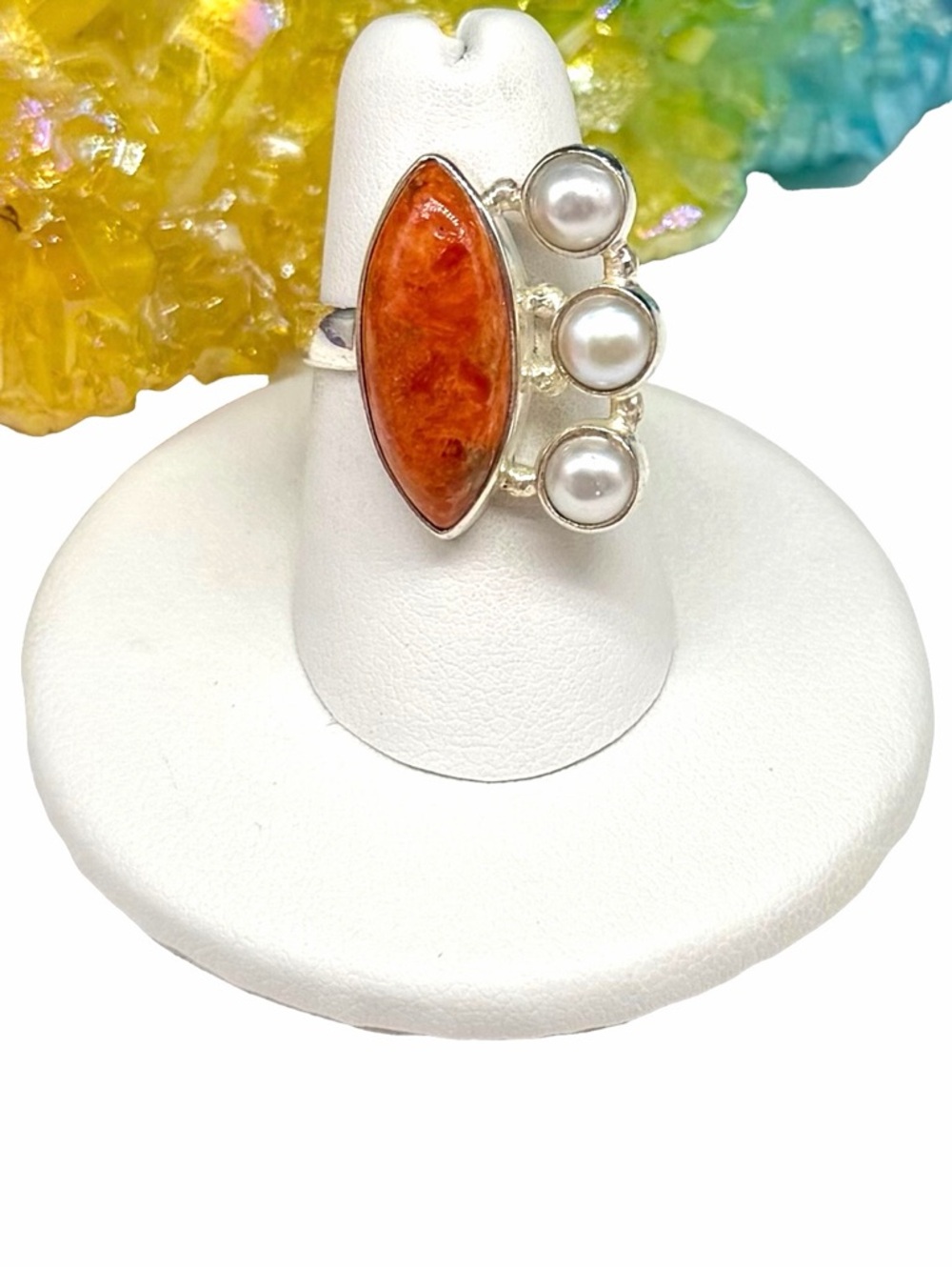 Orange Mohave Turquoise & Freshwater Pearl Ring Size 6.5 925 Sterling Silver